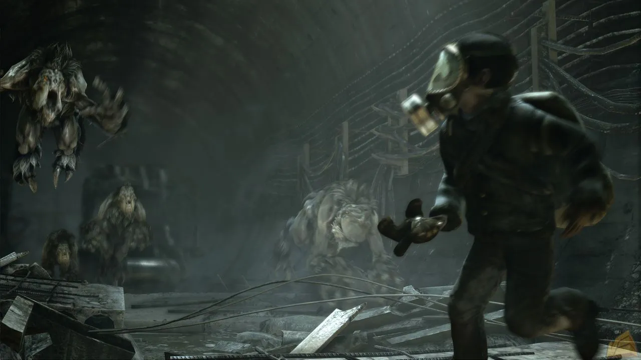 Alt: The player using a stealth approach in a dark section of Metro: Last Light.