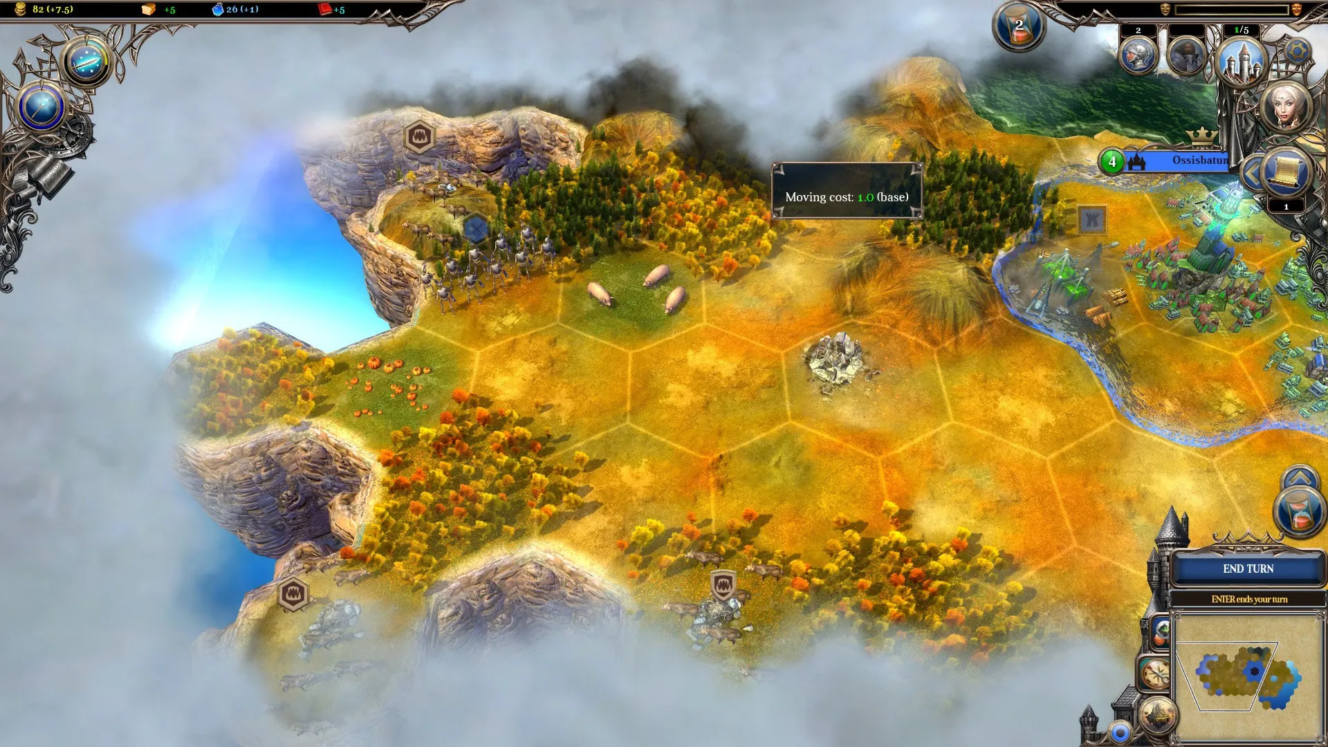 Alt:  Warlock 2 gameplay screenshot showing a battle between two armies with various units and spells being cast.