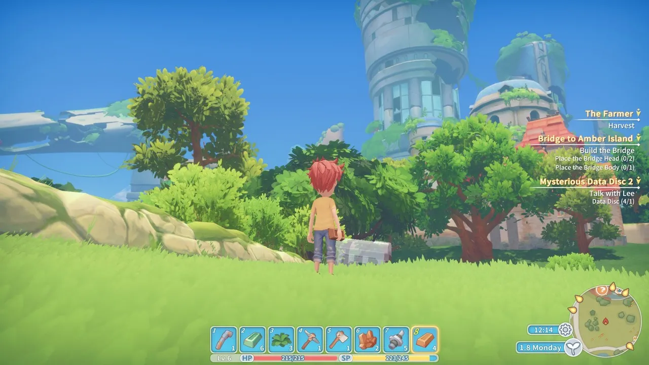 alt=A colorful screenshot of My Time At Portia showing the player character interacting with an NPC in a town square.