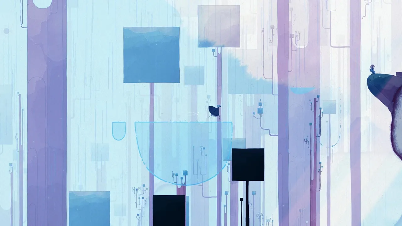 alt=A screenshot from GRIS depicting the protagonist interacting with small, plant-like creatures in a serene blue environment