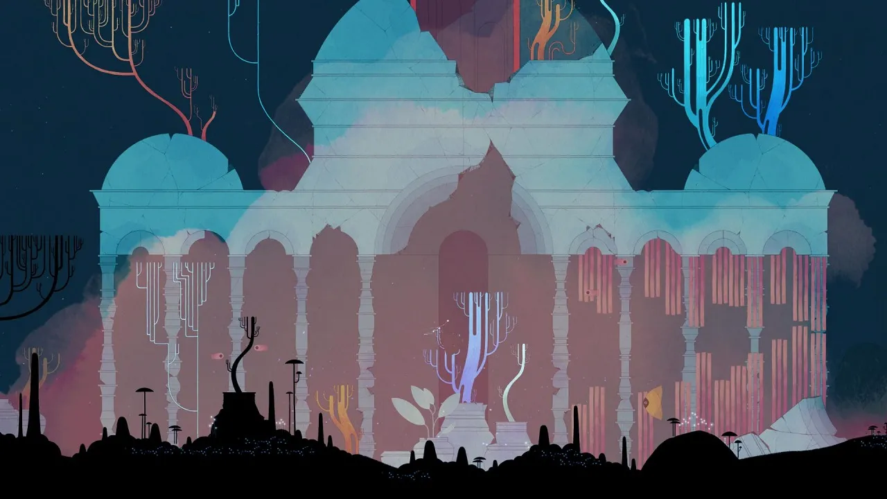 alt=A screenshot from GRIS showcasing a vibrant and colorful scene with the protagonist soaring through the air