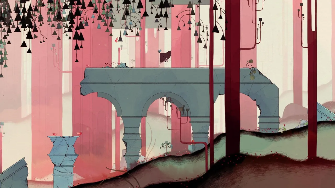 alt=A screenshot from GRIS showing the protagonist standing on a crumbling platform amidst a red, dusty landscape