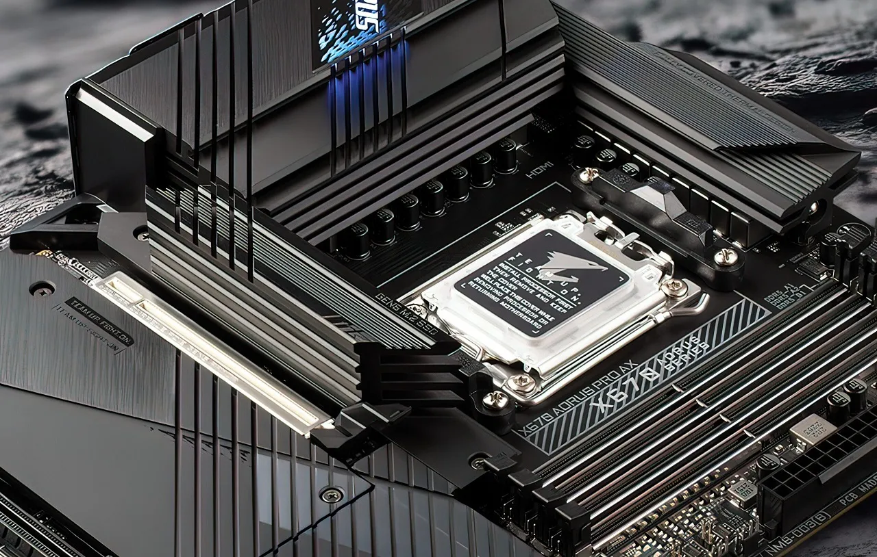 alt=GIGABYTE motherboard with AMD Ryzen CPU installed, highlighting the compatibility and performance boost for gaming.