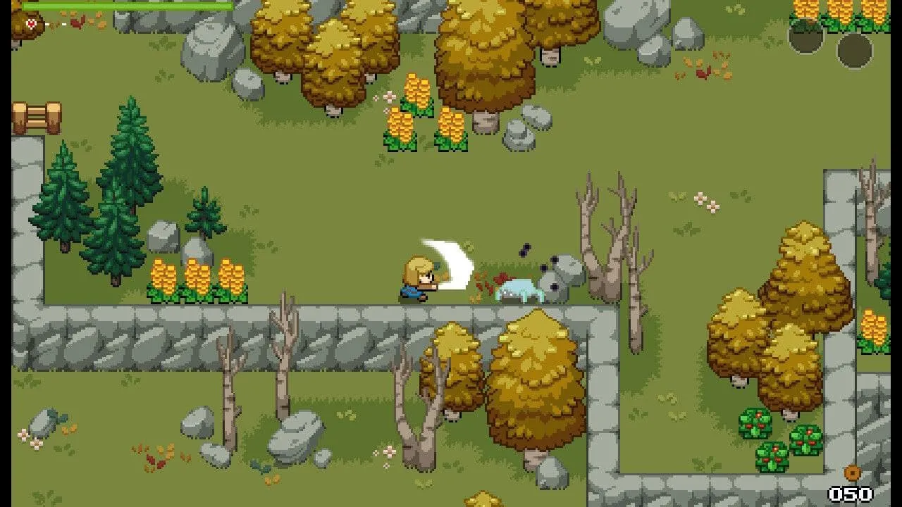 alt=Ocean's Heart gameplay screenshot showcasing the pixel art style environment with Tilia navigating a forested area