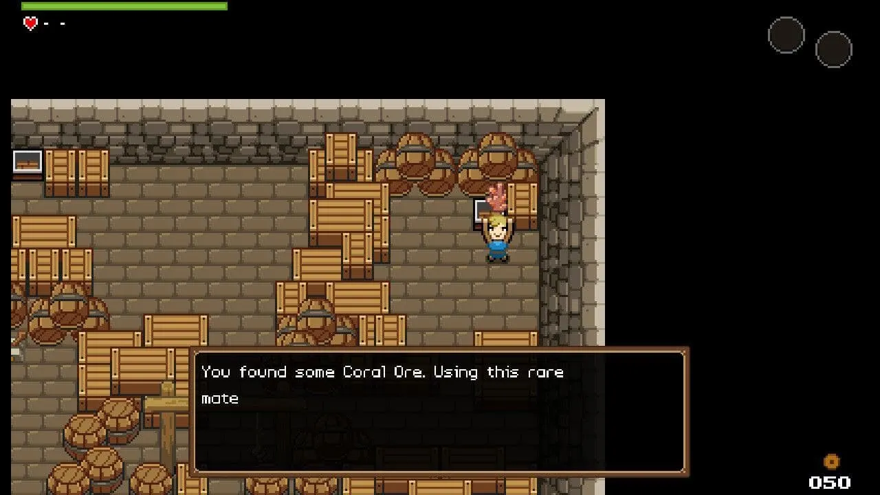 alt=Ocean's Heart gameplay screenshot showing the protagonist Tilia engaging in combat with a slime-like enemy