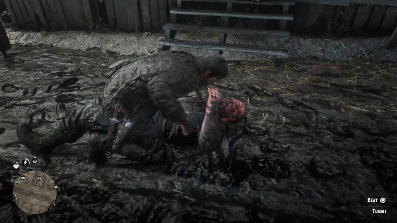 Arthur Morgan brushing his horse.