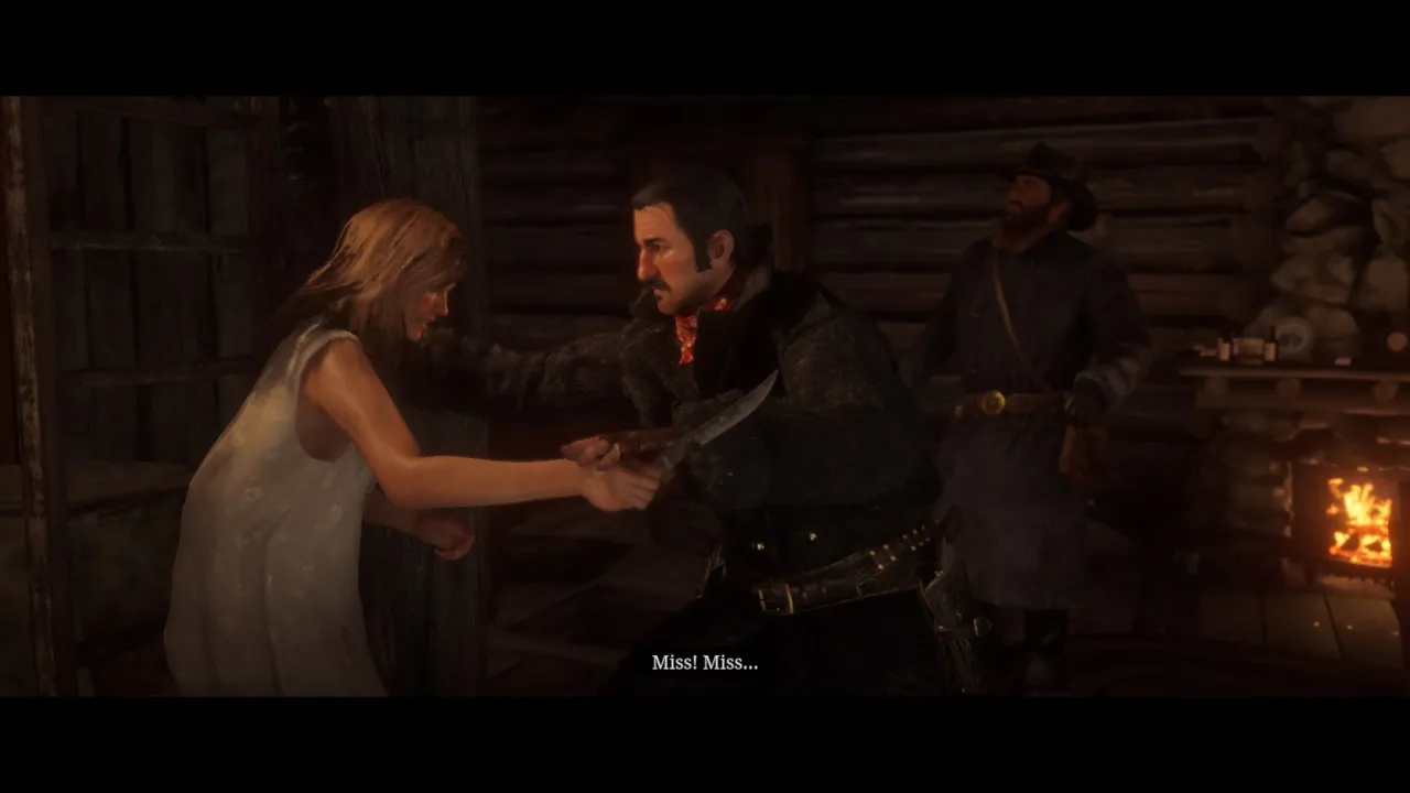 Arthur Morgan riding with other gang members.