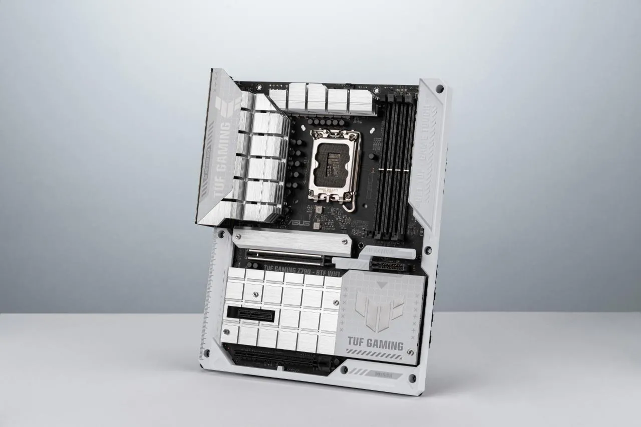 ASUS BTF motherboard rear view with connector markings