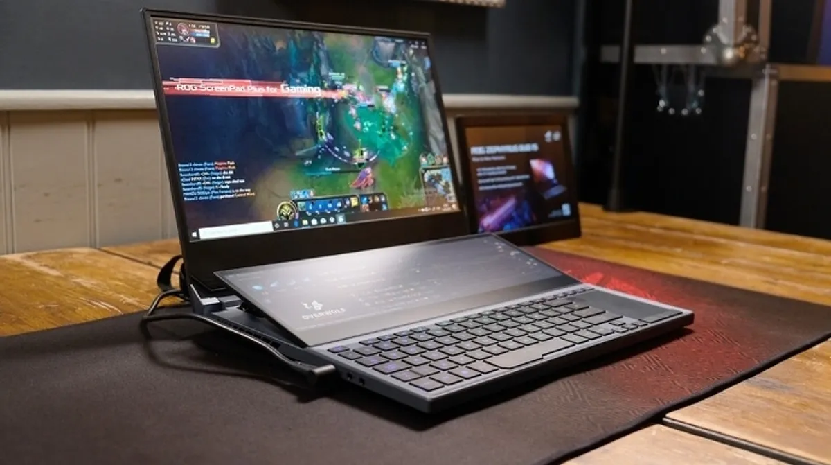 ASUS ROG Zephyrus Duo 15 with dual screens open