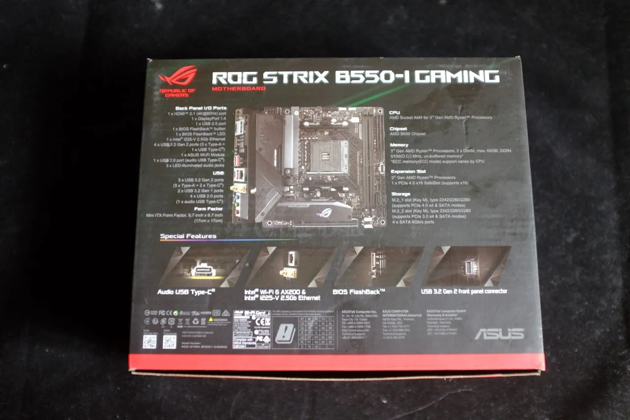 Back of the ASUS Strix B550-I Gaming box