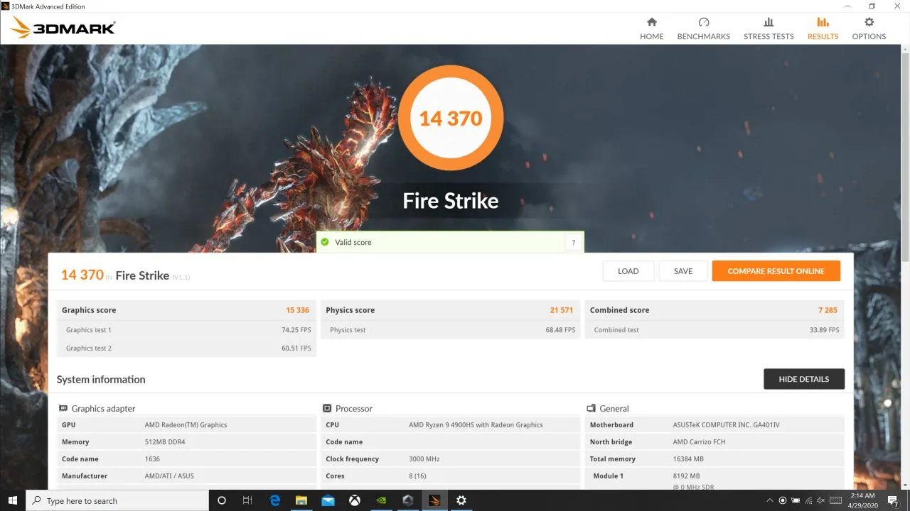 Benchmark scores of the ASUS Zephyrus G14