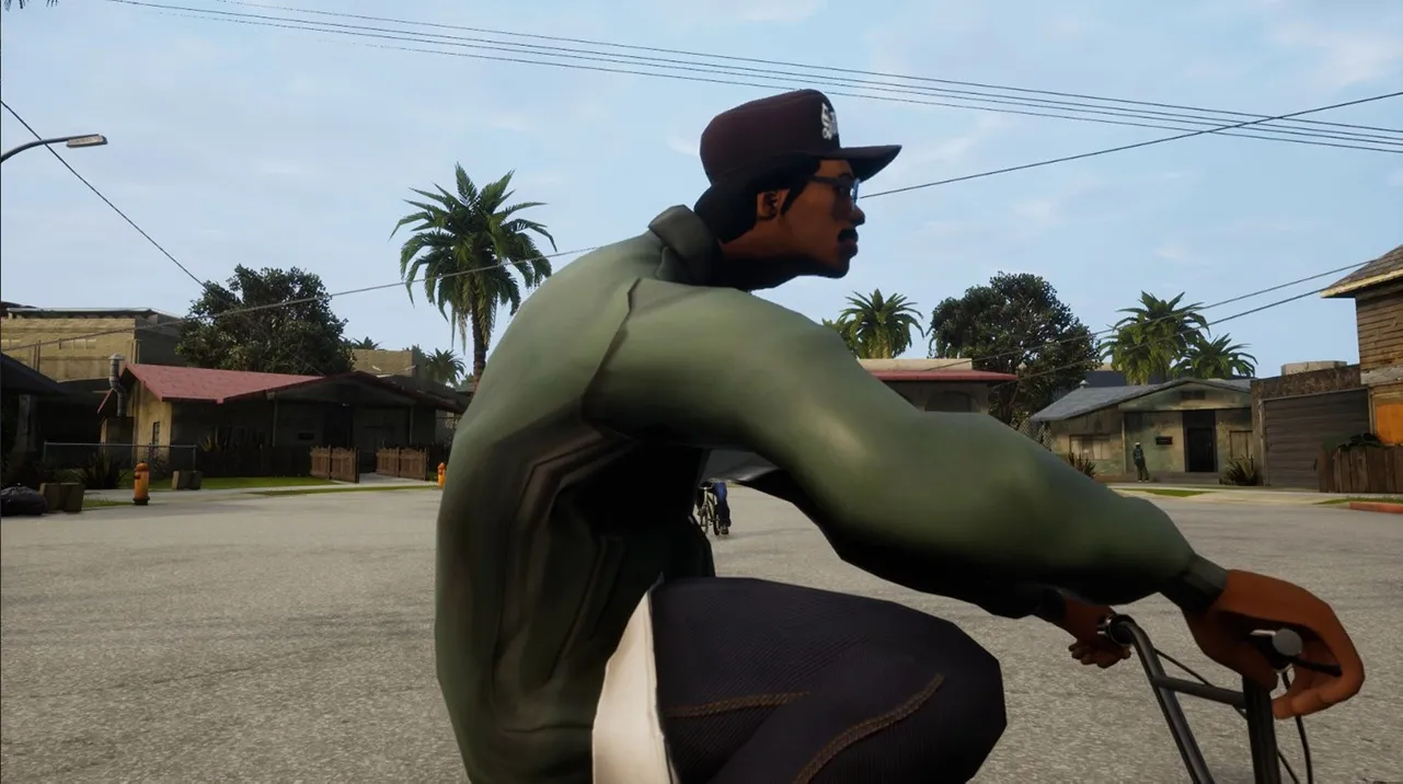 CJ's distorted pose in Grand Theft Auto: San Andreas Remastered