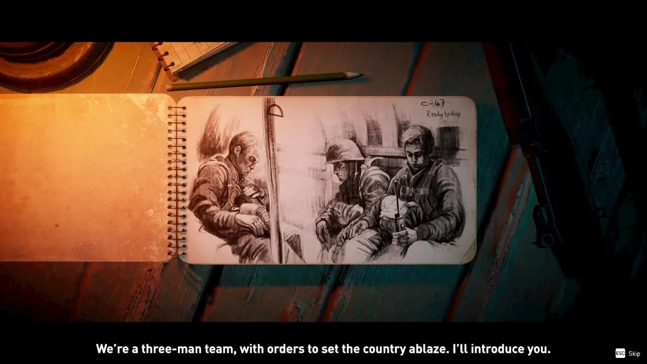Classified France '44 gameplay screenshot showing characters in a rural environment.