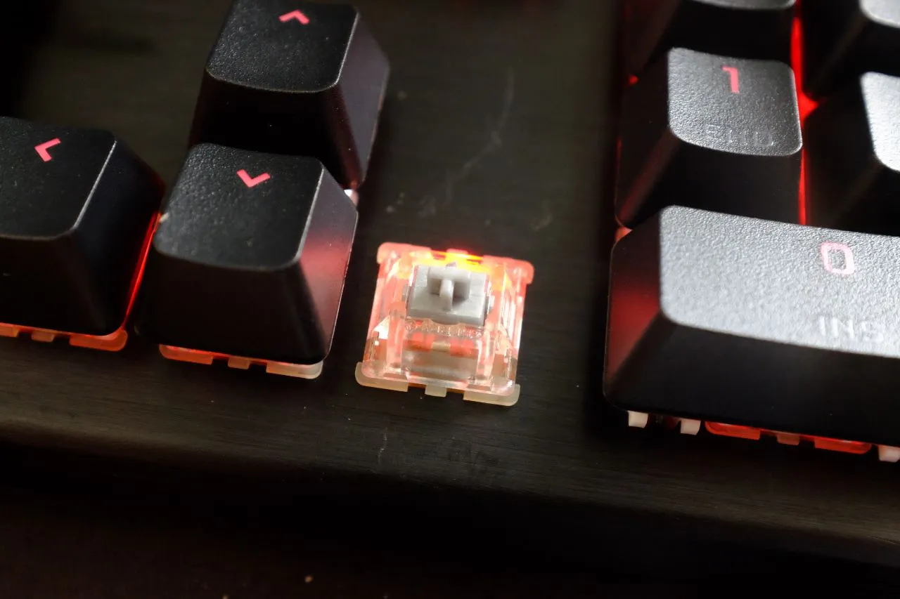 Close-up of the Cherry MX Speed switches on the Corsair K70 RGB Pro Speed Switch