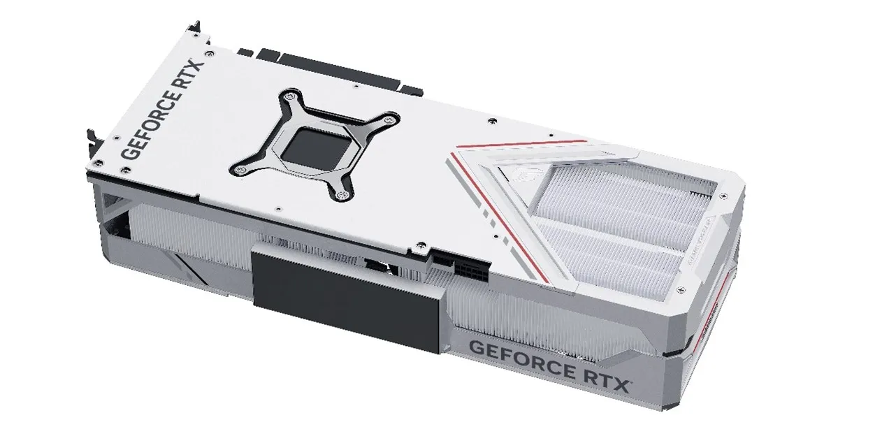Close-up of the White Edition iGame RTX GPU showing the white LCD screen, frame, and heatsink.