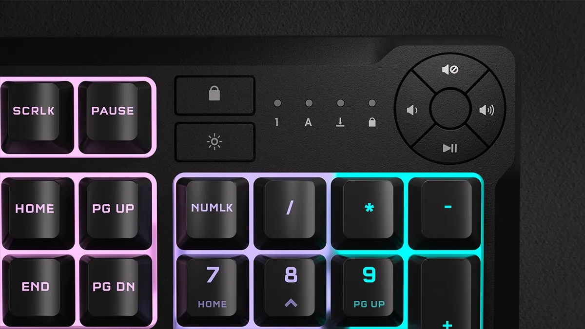 Close-up view of the CORSAIR K55 CORE gaming keyboard keys.