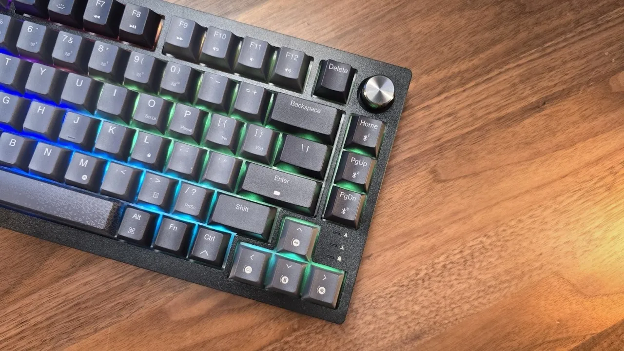 Close-up view of the Corsair K65 Plus Wireless keyboard, highlighting the keycaps and compact 75% layout.