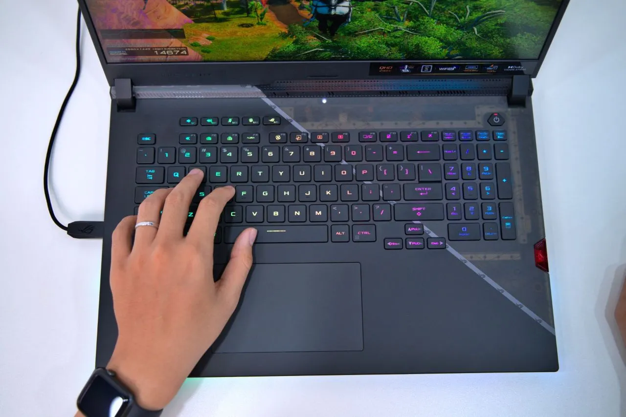 Close-up view of the keyboard and customizable RGB lighting of the ASUS ROG Strix SCAR 17.