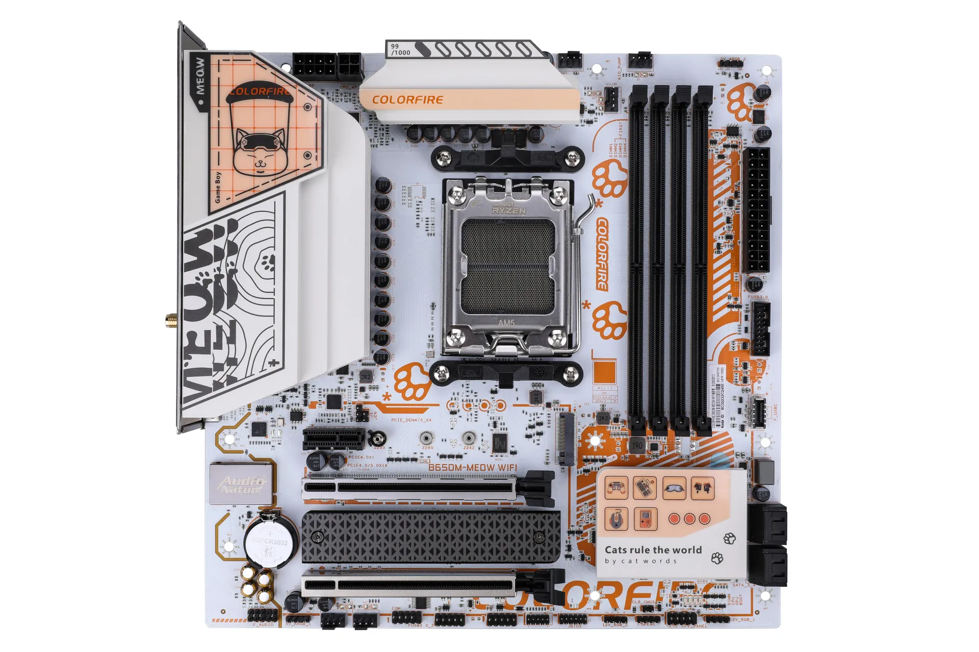 COLORFIRE B650M-MEOW WIFI motherboard with orange cat theme.
