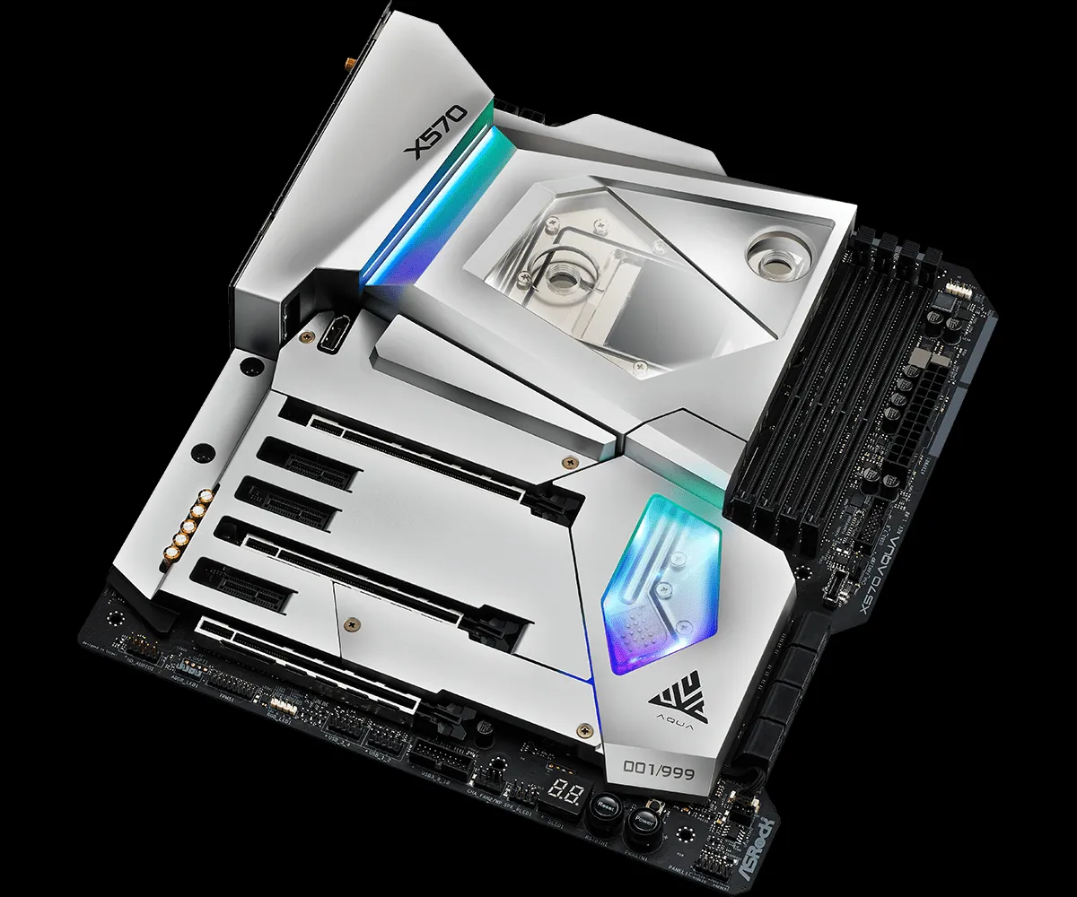 Detailed view of the ASRock X570 AQUA motherboard's components and ports