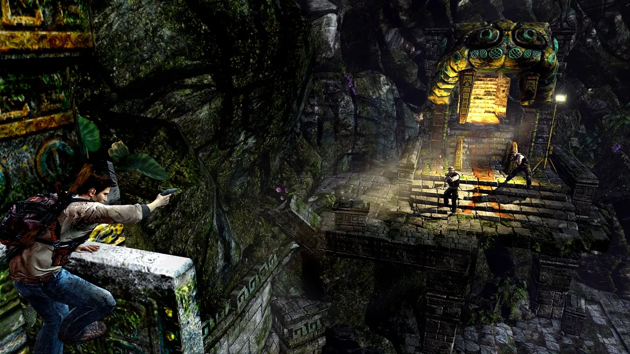 Drake examining an artifact in Uncharted: Golden Abyss