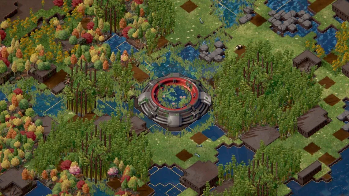 Gameplay screenshot showing a vibrant landscape in Terra Nil.