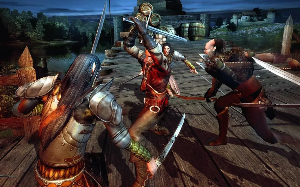 Geralt fighting a group of drowners in The Witcher.