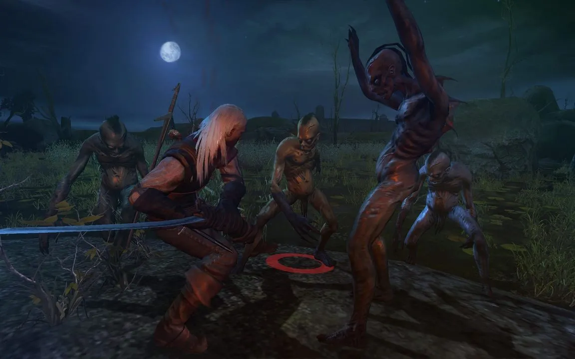 Geralt using the Igni sign against a monster in The Witcher.