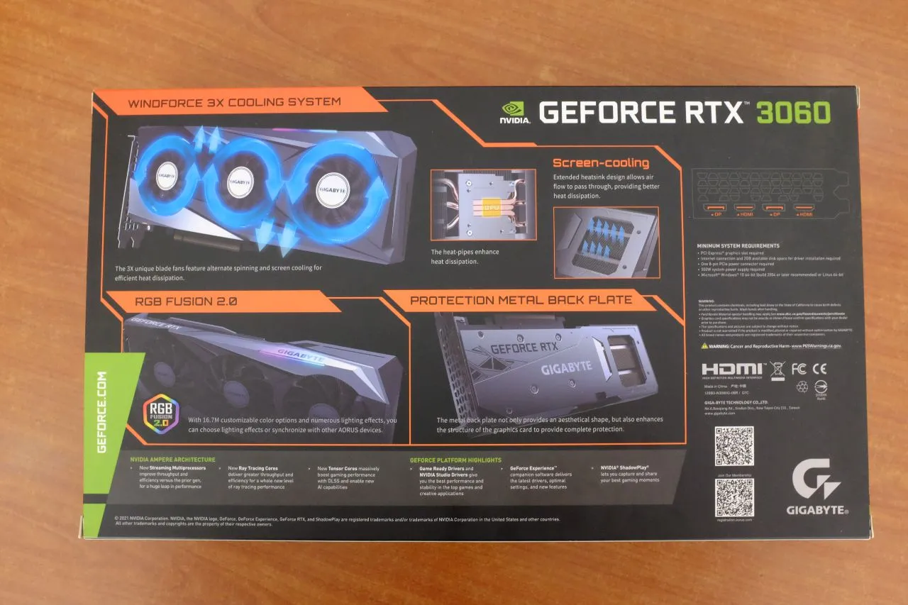 Gigabyte RTX 3060 Gaming OC 12G Rear Panel