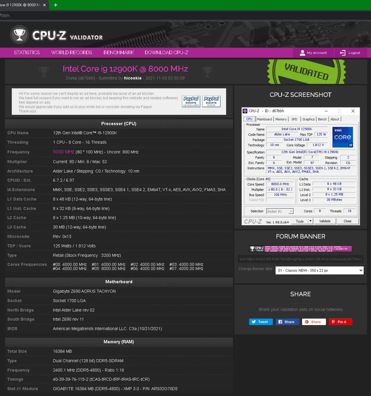 GIGABYTE Z690 AORUS TACHYON motherboard with Intel Core i9-12900K CPU.