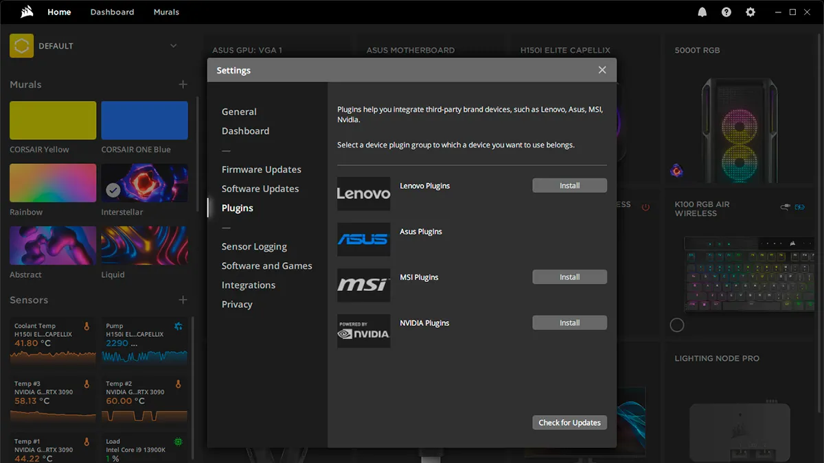 iCUE software interface showing device controls