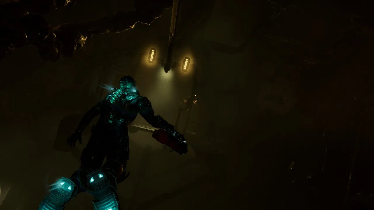 Isaac Clarke floating in zero gravity, aiming his weapon.  The environment showcases the vastness of space and the Ishimura's exterior.