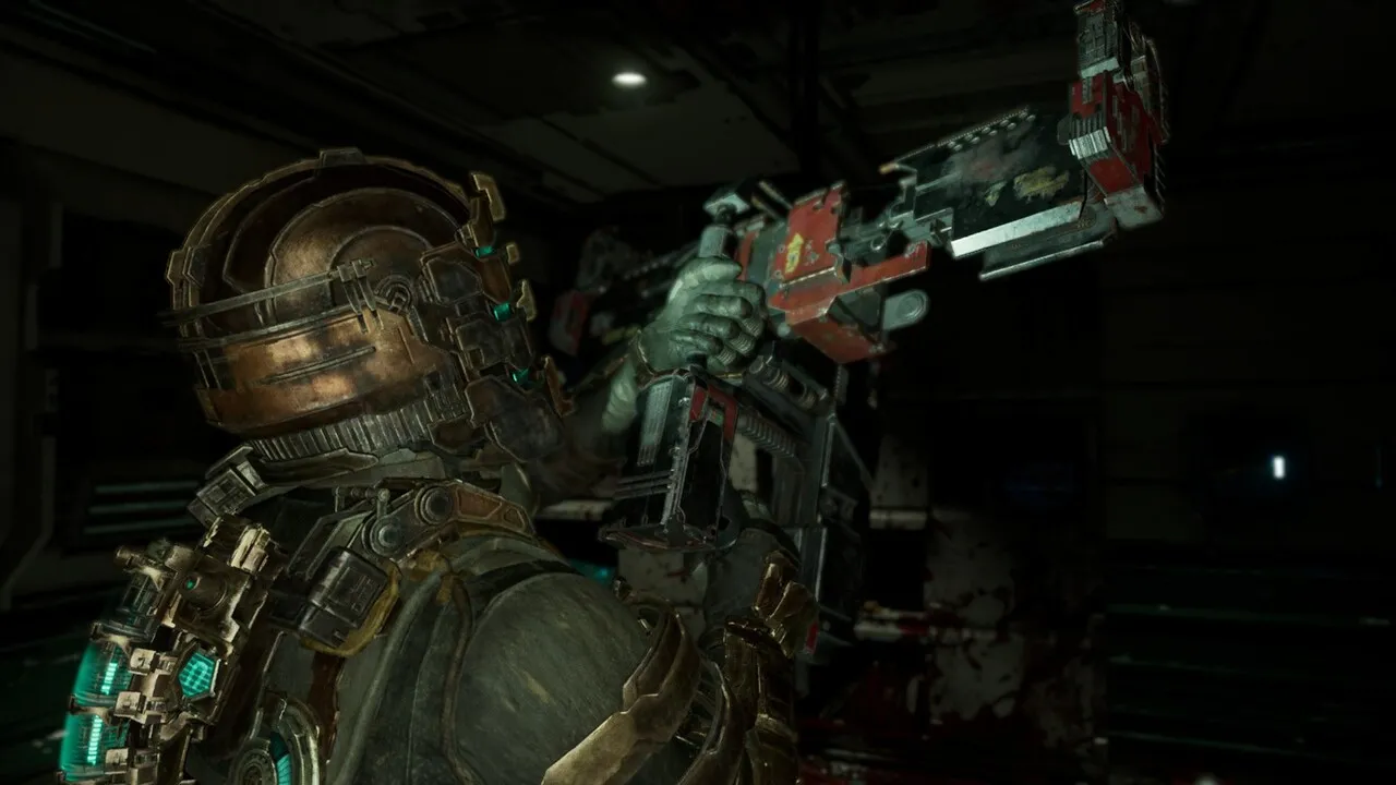 Isaac Clarke in an advanced suit, showcasing the detailed textures and metallic sheen. The surrounding environment shows signs of decay and disrepair.