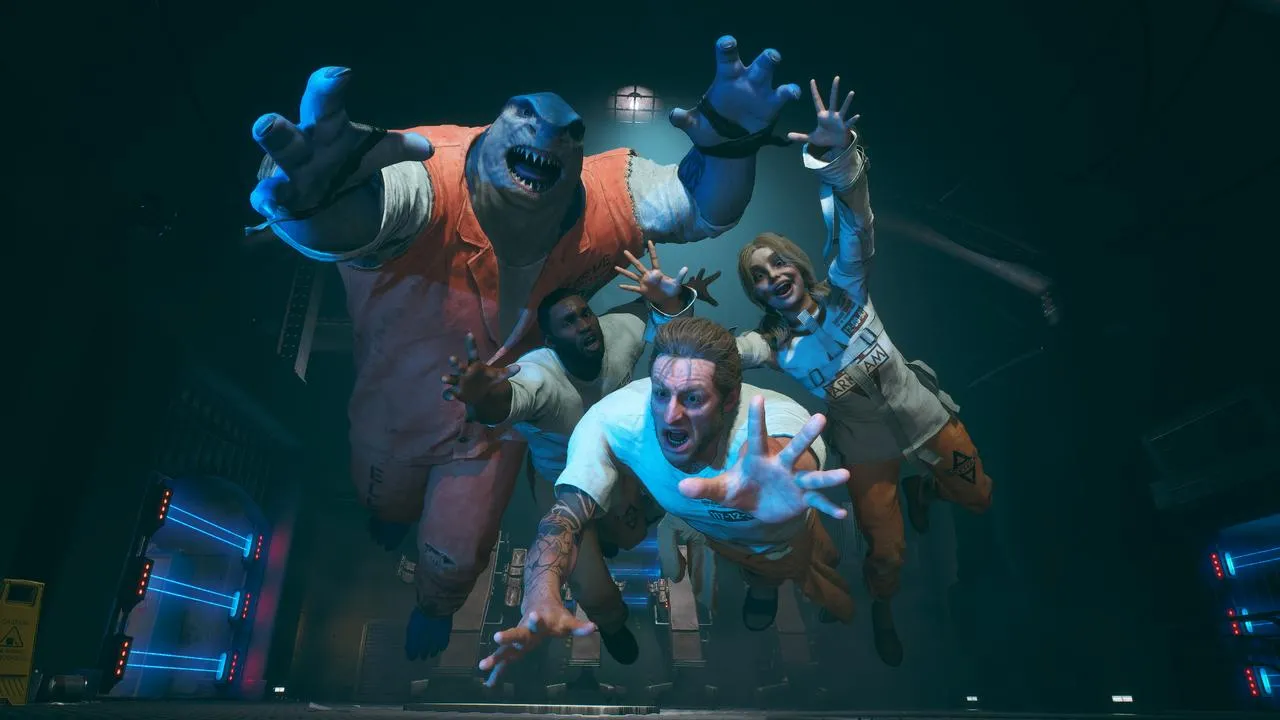 King Shark, Captain Boomerang, Harley Quinn, and Deadshot in action.