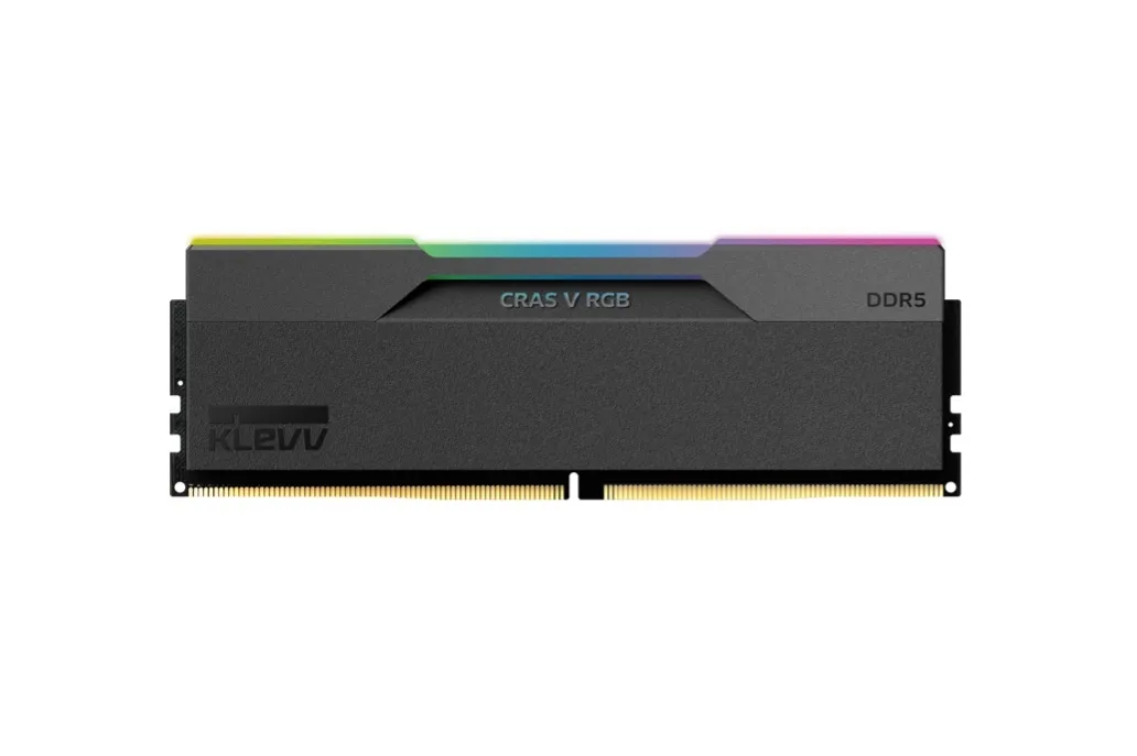 KLEVV's CRAS V RGB DDR5 memory module with RGB lighting.