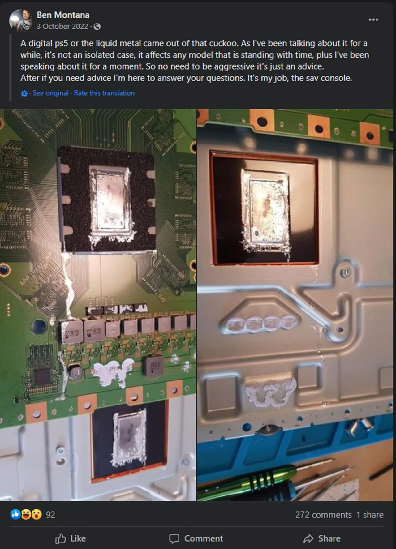 Leaked liquid metal on a PS5 motherboard