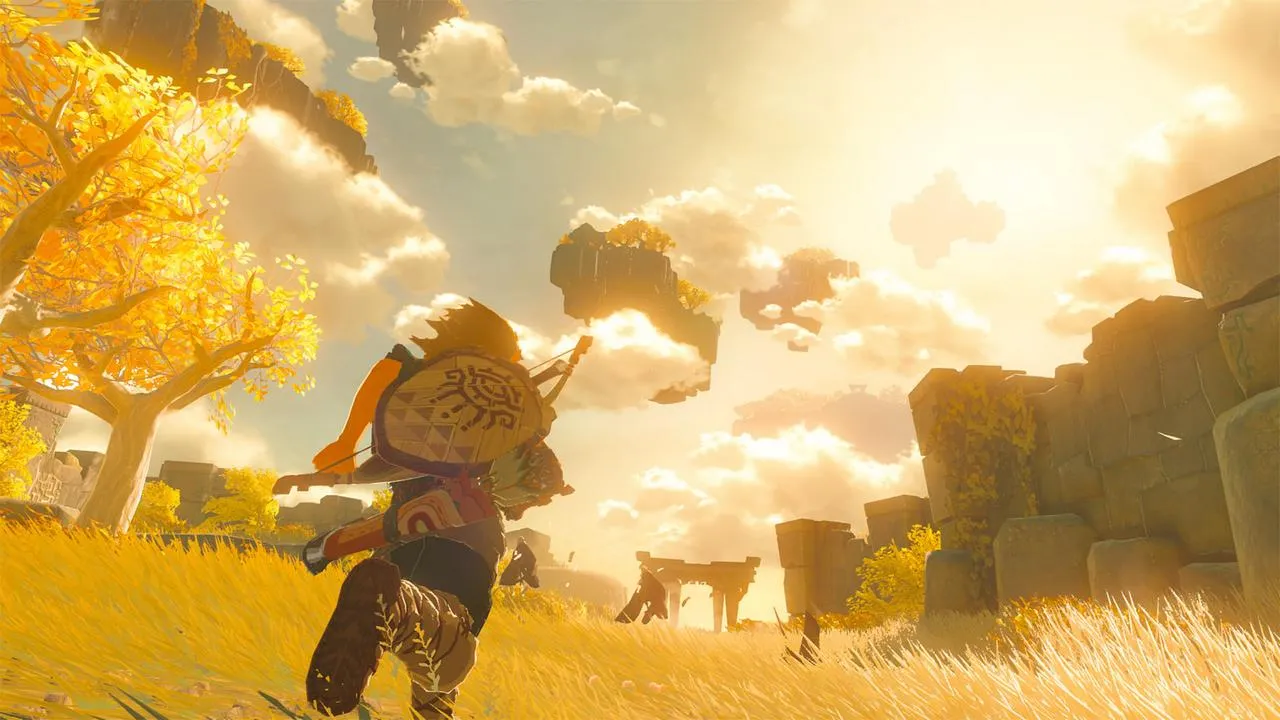 Link standing on a cliff overlooking Hyrule