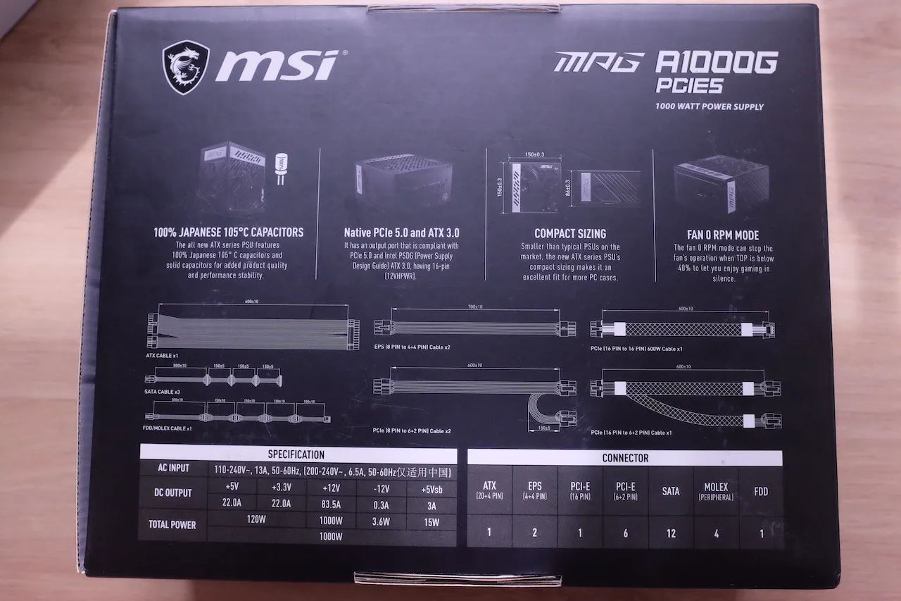 MSI MPG A1000G Power Supply Box Rear