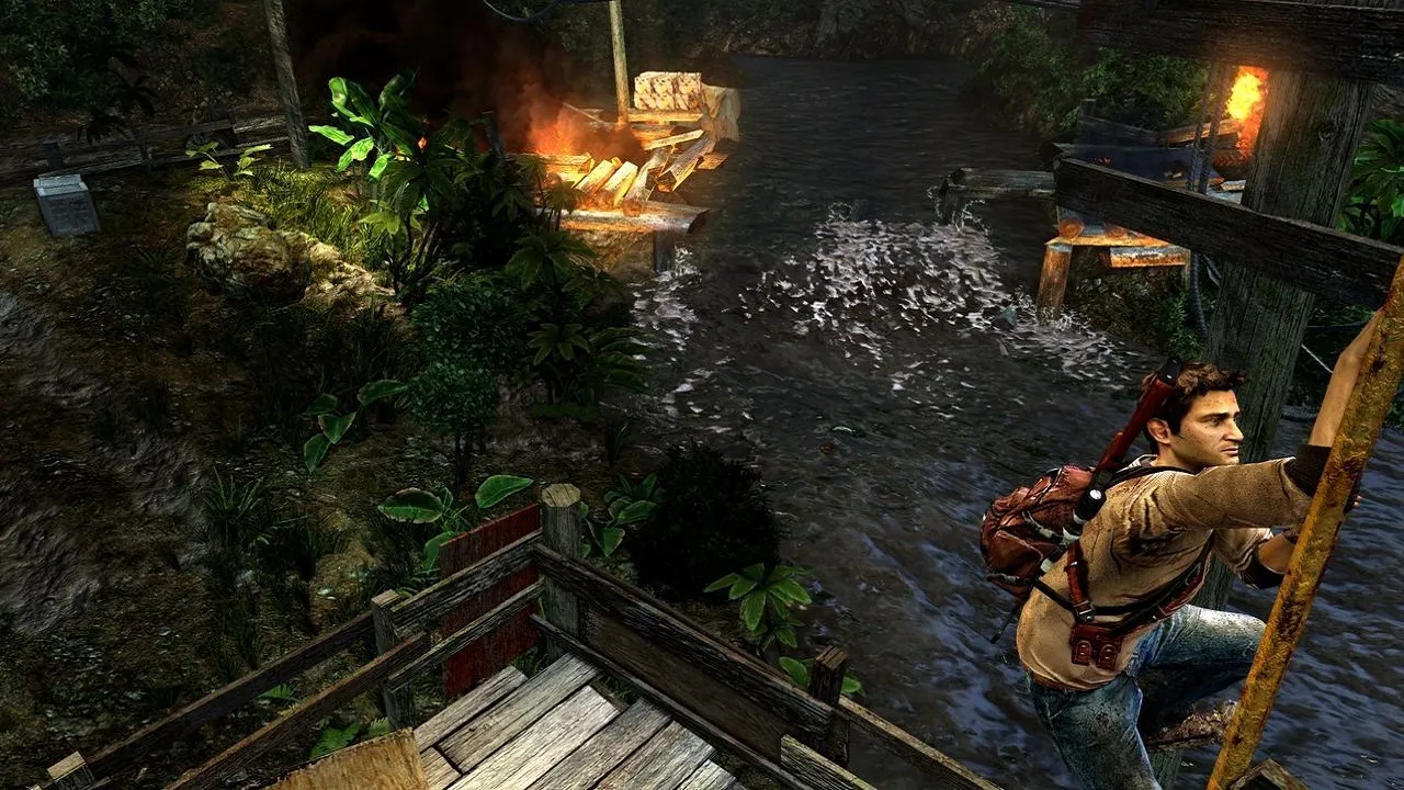 Nathan Drake aiming his gun in Uncharted: Golden Abyss