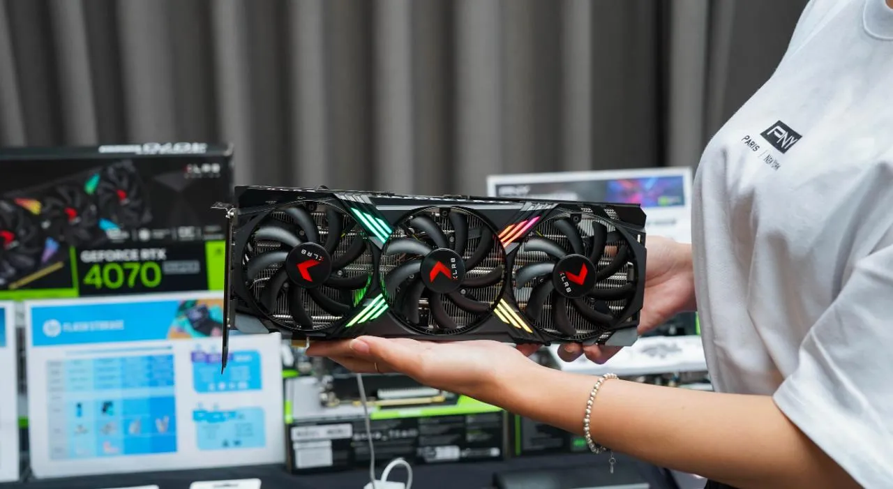 New PNY products including RTX 4000 Super series graphics cards, DDR5 RGB memory, PCIe Gen 4 SSDs, and XLR8 portable SSDs