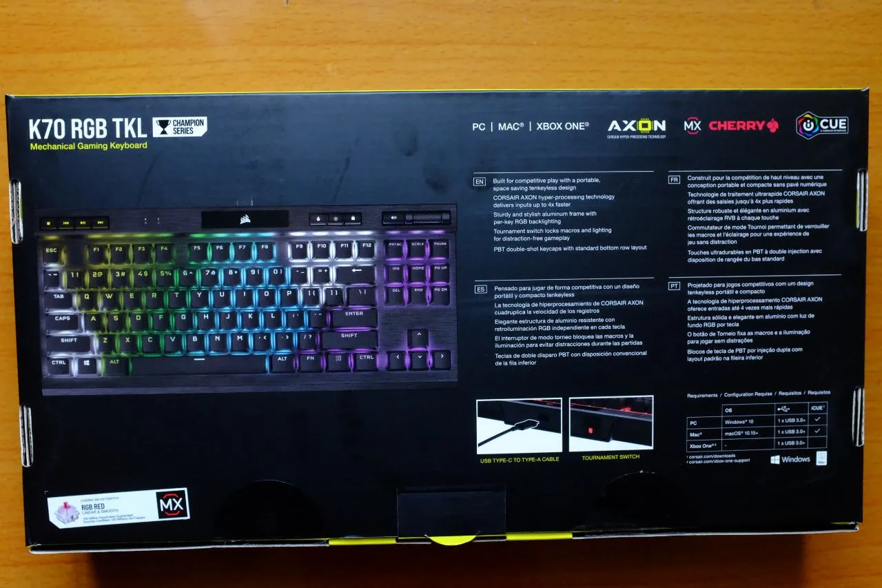 Rear view of the Corsair K70 RGB TKL Red Switch box