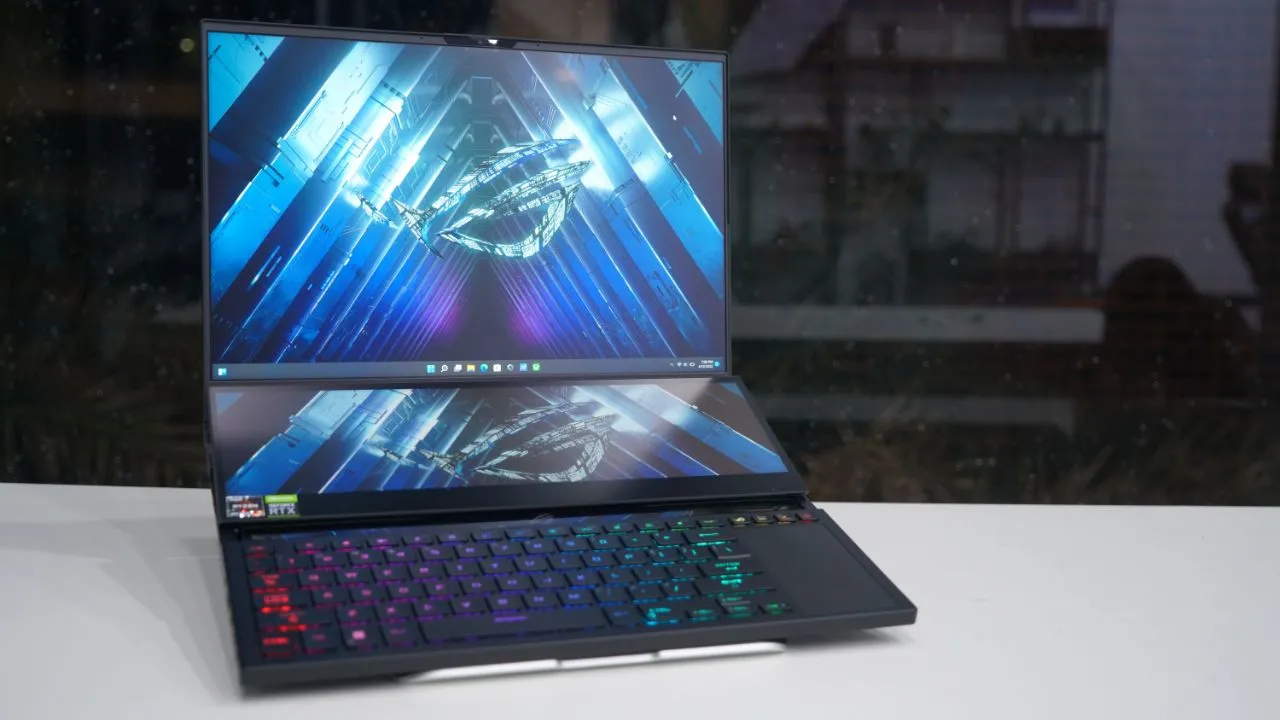 ROG Zephyrus Duo 16 showcasing its dual-screen design