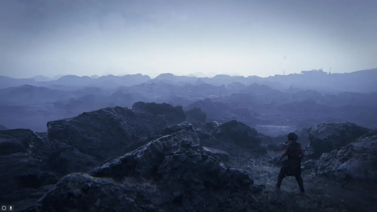 Senua in a dark and atmospheric cave.