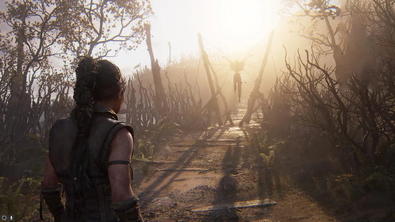 Senua walks through a detailed Icelandic environment.