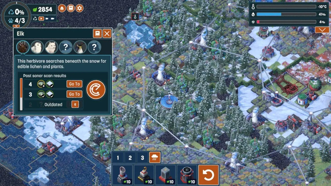 Terra Nil gameplay showing lush greenery and a river.