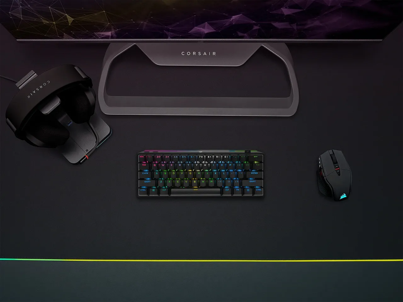 The CORSAIR K70 PRO MINI WIRELESS Mechanical Gaming Keyboard features per-key RGB backlighting.