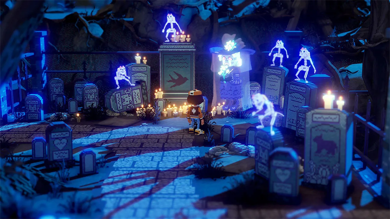 The game's voxel art style blends retro charm with modern lighting effects.