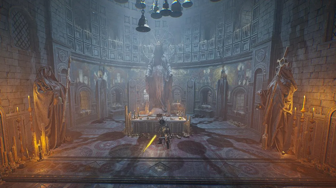 The player character facing a boss in Lords of the Fallen (2023)