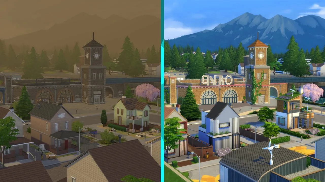 The Sims 4 Eco Lifestyle gameplay showing a polluted Evergreen Harbor