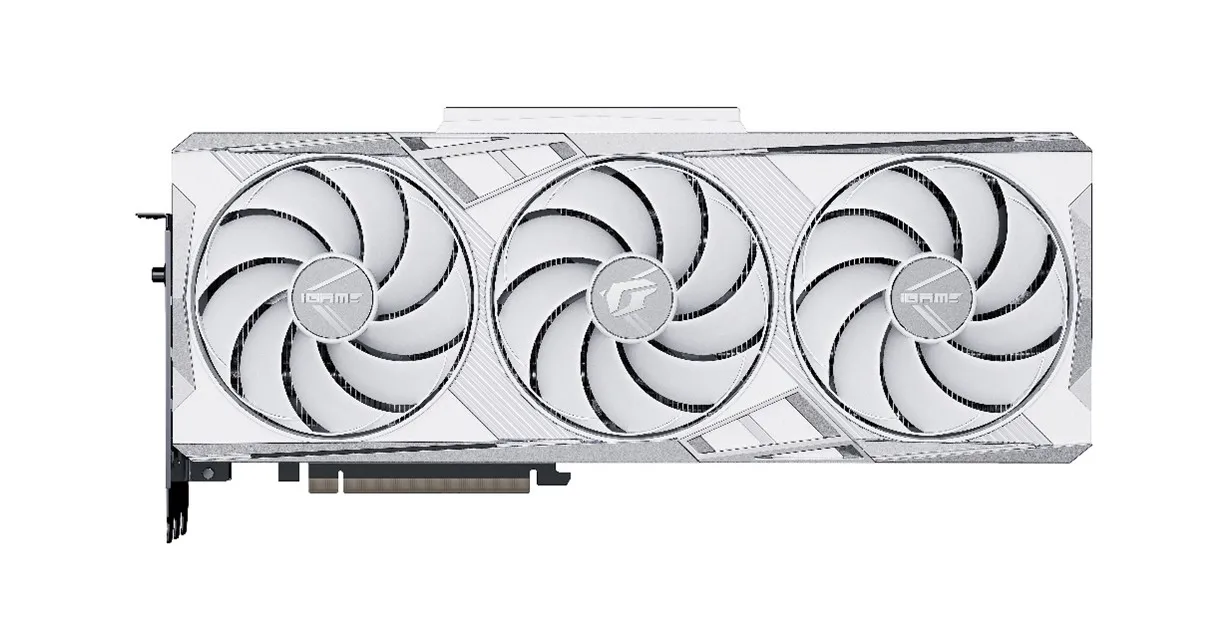 White Edition iGame RTX 40 GPUs with white backplates, fans, and heatsinks.